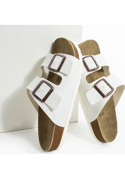 Polomia Comfort Mikanos Aryan Unisex Ortapedik Eva Taban Comfort Çift Bantlı Tokalı Günlük Rahat Sandalet Terlik Beyaz