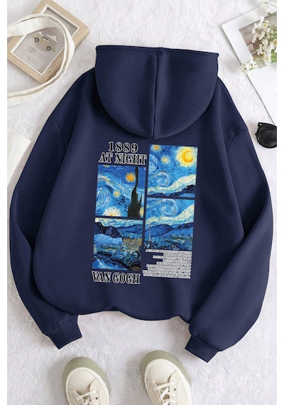 Vangogh Baskılı Oversize Sweatshirt Lacivert