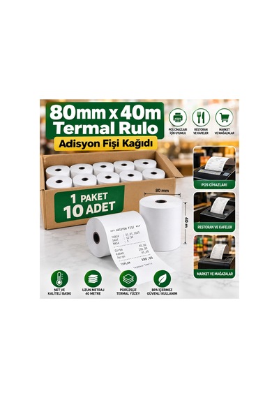 80x40 Adisyon Fişi Adisyon Kağıdı Yazıcı Rulosu Termal Rulo 1 Paket 10 Adet