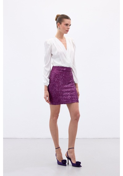 Sateen Payetli Mini Etek - Mürdüm-136651 Mürdüm