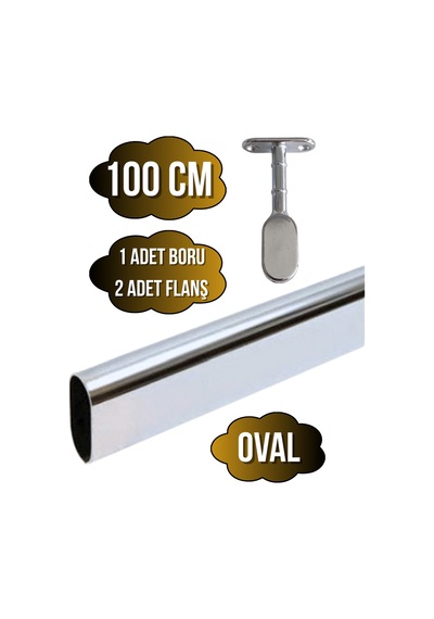 Metal Oval Krom Mobilya Dolap Askı Borusu Krom 100cm Oval 2 Adet Ayaklı Kapalı Flanş-1 Adet Boru Gri