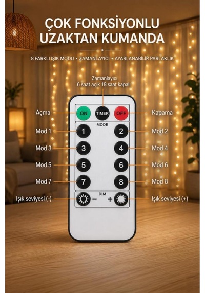Perde Led Işık 300 Led 10 Sarkıt 8 Modlu Uzaktan Kumandalı 3x3 Metre Peri Telli Lw7 Sarı