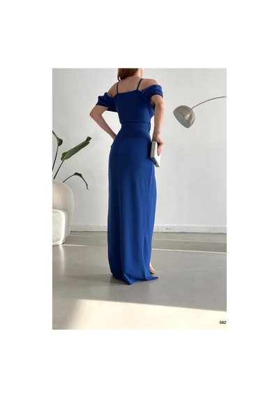 Lior Design Kadın Trend Krep Kumaş V Yaka Yırtmaçlı Abiye Elbise Saks