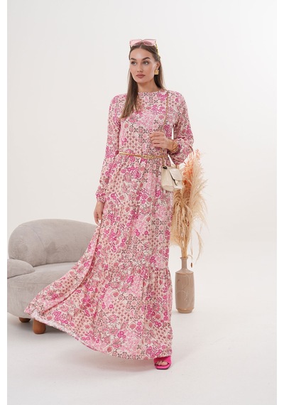 Polologin Butik Çiçekli Viskon Elbise Pembe