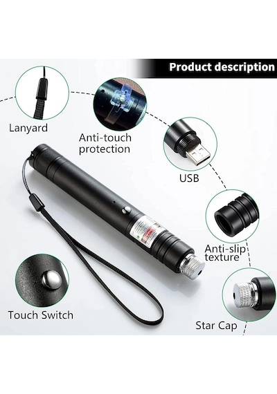 Fithome 100mw Desen Başlıklı Usb Şarjlı Yeşil Lazer Pointer Çok Renkli