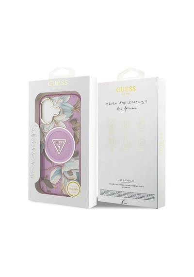 Apple Uyumlu iPhone 17 Kılıf Guess Lisanslı M-safeli Simli Çiçek Desenli Metal Kamera Çerçeveli Üçgen Logolu Mor Mor