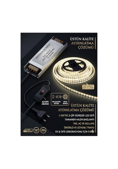 5mt Tak Çalıştır Günişığı Şerit Led Seti,mutfak Dolabı Tezgah Üstü Led,3 Çip, Adaptörlü Arapuar Anahtarlı Komple Set,yapışkanlı Led Işık Günışığı-3000k 5mt Tak Çalıştır Günişığı Şerit Led Seti,mutfak Dolabı Tezgah Üstü Led,3 Çip, Adaptörlü Arapuar Anahtarlı Komple Set,yapışkanlı Led Işık Günışığı-3000k