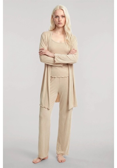 İkikareshop Kadın Bej Kısa Kimono 3 Lü Takım Yumuşak Dokulu Şık Rahat Ev Giyim Seti Çok Renkli