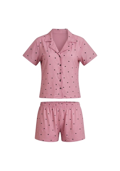 Cottonhill Pembe Kalp Desenli Yumuşak Dokulu Gömlek Yaka Kadın Şortlu Pijama Takımı Gül Pembe