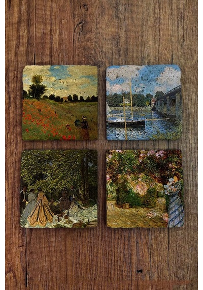 Doğal Taş Bardak Altlığı Uv Baskılı 4'lü Set Claude Monet - Stone Coasters Çok Renkli