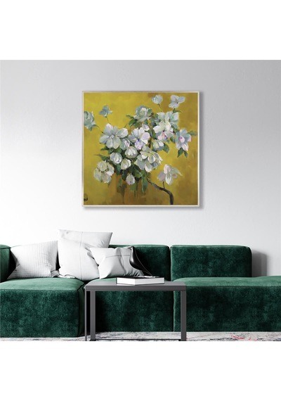 Yağlı Boya Dokulu Tablo Dalda Modern Bahar Çiçekleri Gümüş Çerçeveli U02024-178878