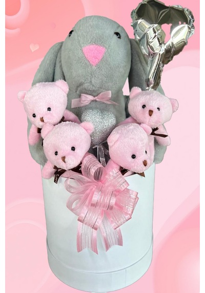 Sole Premium Özel Kutusunda 45 Cm Gri Bunny Tavşan, Simli Kalp 4 Pembe Ayıcık Ve Kalp Balonlu Buket
