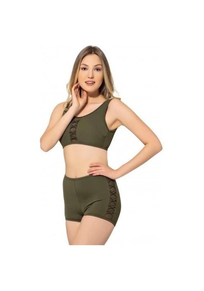 Markahit Argisa Tüllü Detaylı Şortlu Bikini Haki