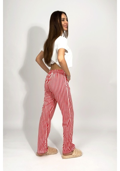 Kadın Cepli Pamuklu Lastikli Bel Kurdeleli Desenli Pijama Altı Kırmızı