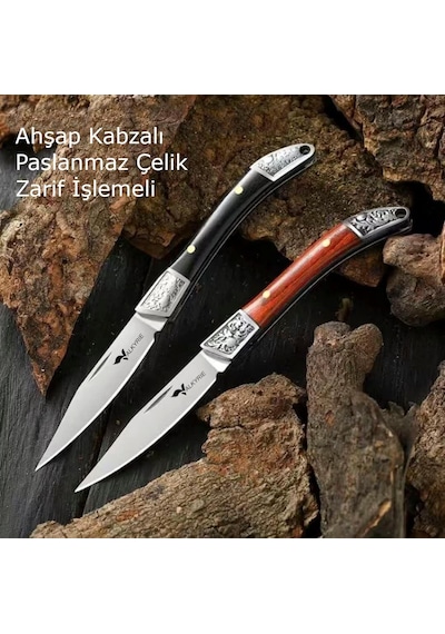 Valkyrie Mini Çelik İşlemeli Katlanır Outdoor Cep Kamp Bıçağı Şık Tasarım, Taşıması Kolay Ahşap Siyah Siyah