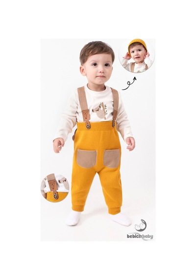 Bebicix Triko Askılı Koala Temalı Kaşkorse Esnek Badili Bereli Unisex Bebek Takım HARDAL
