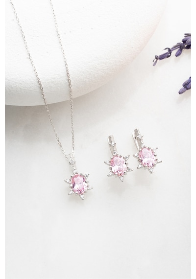 Nereze 925 Ayar Gümüş Pembe Oval Taşlı Küpe Ve Kolye Set