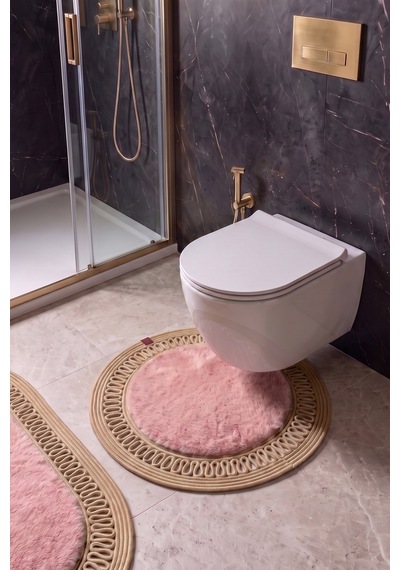 Banyo Paspası Takımı 60x100+60x60 Cm İç Trikot Pembe & Camel