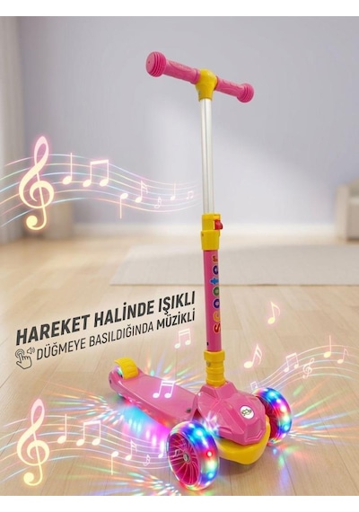 Müzikli, Işıklı 4 Kademe Boy Ayarlanabilir Çocuk Scooter 100 Kg Taşıma Kapasiteli Pembe