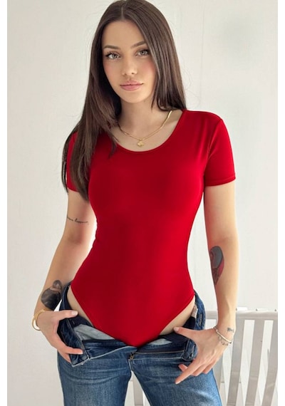 Basic Body Kadın Kısa Kollu Pamuklu Esnek Bodysuit Kırmızı