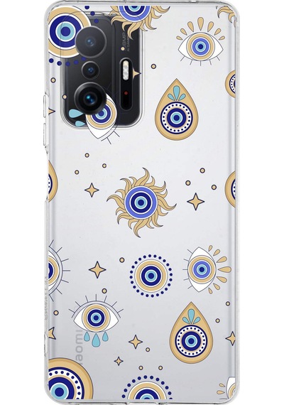 Xiaomi Mi 11t İle Uyumlu Nazar Boncuğu 5 Baskılı Kamera Korumalı Şeffaf Silikon Kılıf Şeffaf