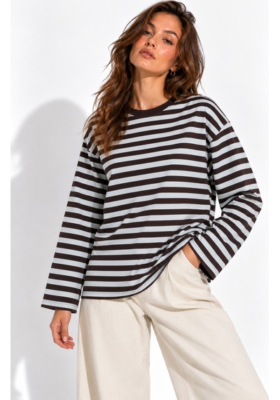 Wild Bee Kadın Açık Mavi Kahverengi Çizgili Pamuklu Bisiklet Yaka Oversize Bluz