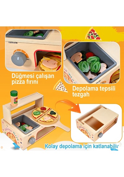 Limon Dekor 50 Parça Ahşap Oyuncak Pizza Fırını Oyun Seti - Eğitici Mutfak Evcilik Oyuncakları