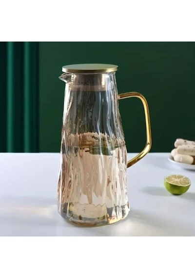 Morponi Borosilikat Cam Metal Kapaklı Lüks Cam Sürahi 1800 Ml Amber Dalgalı Mt