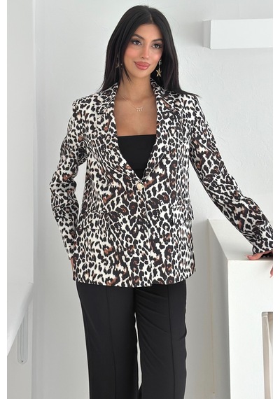 Femelle Gri Leopar Desenli Blazer Ceket Vatkalı İçi Astarlı