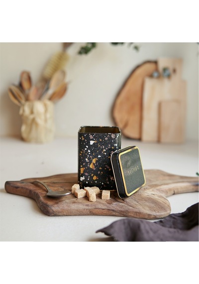Terrazzo Black Desenli Kare Metal Saklama Kabı 7.5 x 7.5 x 10 CM 0.5 L Çok Renkli