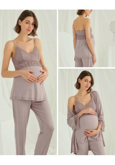 Birolgaye 1767 Pudra Modal Penye Hamile Lohusa 3 Lü Pijama Sabahlık Tk