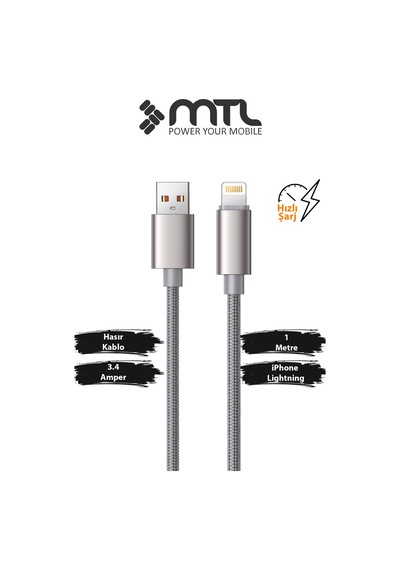 3.4a Usb To Apple Uyumlu iPhone Lightning Örgülü Alüminyum Başlıklı Hızlı Şarj Ve Data Kablosu 1 Metre Mt2032