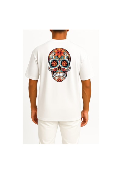 Bahriyeli Collection Oversize Mexican Day Of The Dead Skull Orange Pattern Cep Ve Sırt Tasarımlı Unisex T-shirt Beyaz