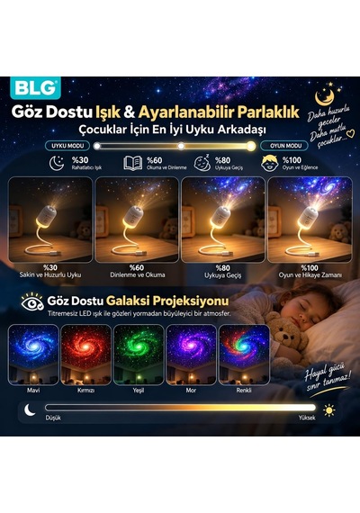 Tr 2'si 1 Arada Galaksi Projektör Gece Lambası 360 Esnek Boyunlu Usb Led Yıldız Projeksiyon, Ayarlanabilir Iş