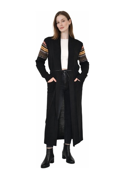 Onno Style Women Kilim Desen Uzun Ceket Siyah