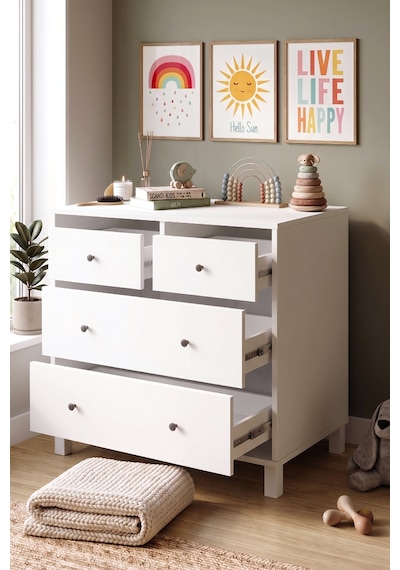 Robin Home Lena Geniş Şifonyer 4 Çekmeceli Ahşap Ayaklı Bebek Ve Çocuk Odası Beyaz