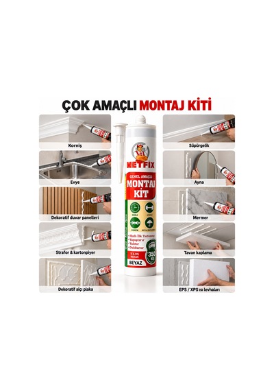 2 Adet Genel Amaçlı Montaj Yapıştırıcısı Beyaz 290 Ml Banyo Dolap Fayans Mermer Korniş Evye Ayna