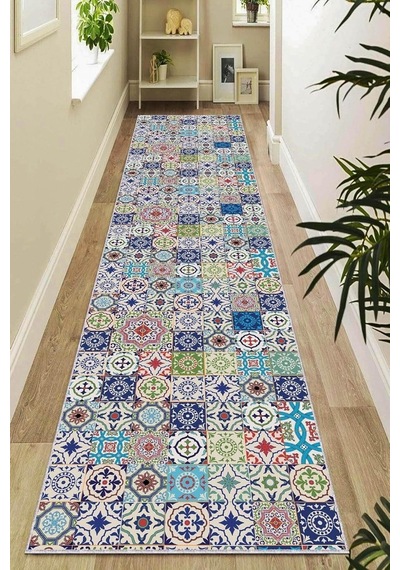 Rugviva Kaymaz Taban Makinede Yıkanabilir Renkli Çini Kesme Rulo Yolluk Ar499, Turkuaz, 60 X 200 Çok Renkli