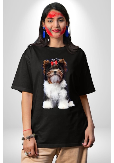 Biewer Yorshire Terrier Pamuklu Bisiklet Yaka Unisex Oversize Boyfriend Dijital Baskılı Siyah T-shirt Siyah