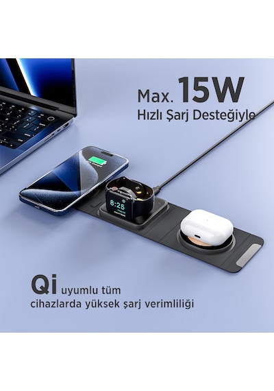 Bix Bxmw6 15w Telefon Saat Tws Kulaklık Kablosuz Şarj Cihaz Siyah