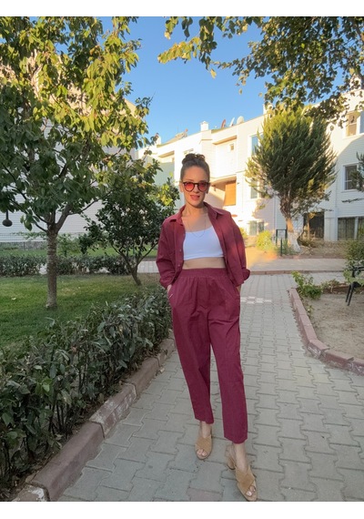 Ali Butik Bordo Crop Gömlekli Pamuklu Takım