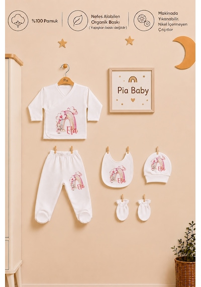 Pia Baby İsme Özel Kız Bebek 5 Parça Zıbın Seti Kişiye Özel %100 Pamuk Organik Baskı 1048z0x Krem
