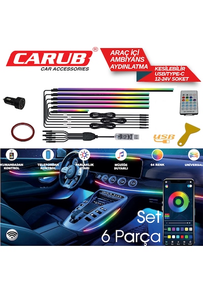 Carub Araç İçi Ambiyans Led Aydınlatma Wifi Kontrol Usb 6 Parça