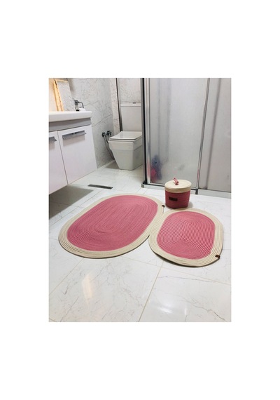 Jüt,hasır, 3 Lü Banyo Paspas Takımı, Bohem Tarzı Banyo Takımı,iskandinav Paspas/sepet Pembe Pembe