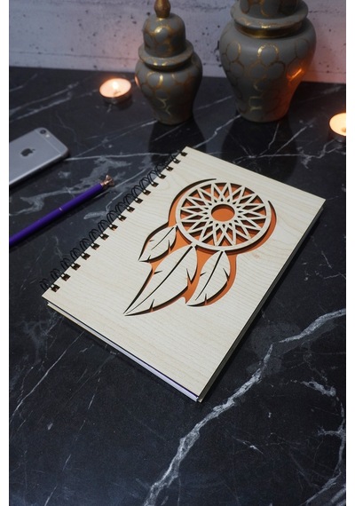 Rüya Kapanı Desenli Ahşap Kapaklı Defter - Ajanda - Günlük - Çizgisiz Defter - Anı Defteri
