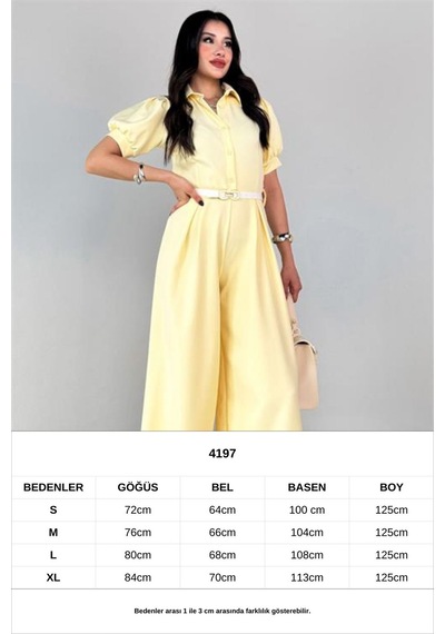 Neşeli Butik Kadın Gömlek Yaka Kemerli Geniş Paça Tulum Nbk4197 Sarı