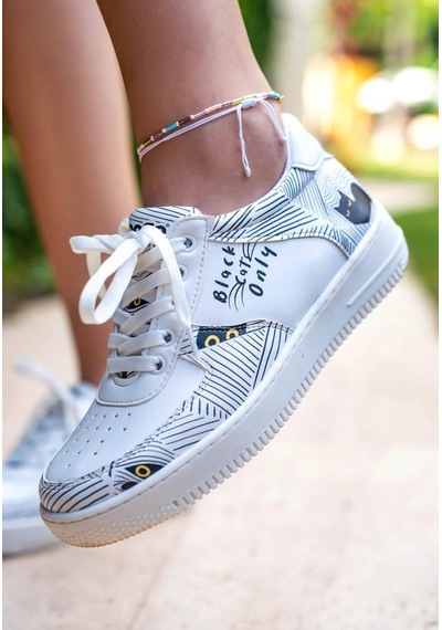 Kadın Vegan Deri Beyaz Sneakers - Black Cats Only Tasarım Çok Renkli