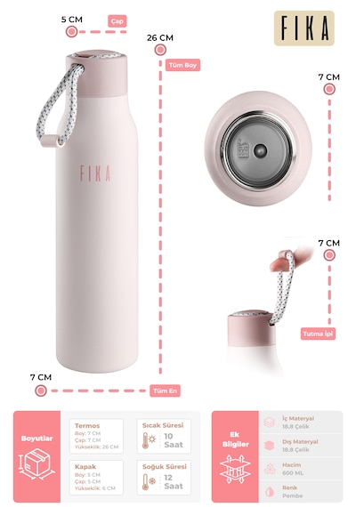 Neoflam Fika Rento Sızdırmaz Vidalı Kapaklı Geniş Ağızlıklı Kolay Taşınabilir Çelik Termos 600 Ml Pembe