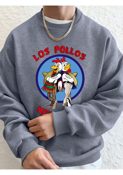 Startmore Startmorelos Pollos Hermanos Baskılı Erkek Kazak Kış Gevşek Kapüşonlular Spor Bisiklet Yaka Polar Sıca Gri