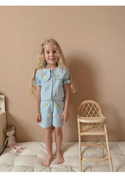 Jolly Kids Kız Çocuk Mavi Kot Gömlekli Şortlu Denim Takım Mavi